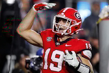 Georgia tight end Brock Bowers (19) celebrates after scoring a touchdown during the second half of a NCAA college football game against Ole Miss in Athens, Ga., on Saturday, Nov. 11, 2023. Georgia won 52-17.