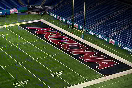 Dec 28, 2023; San Antonio, TX, USA; The Arizona Wildcats logo in the end zone at Alamodome. Mandatory Credit: Kirby Lee-USA TODAY Sports