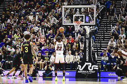 Dec 31, 2022; Salt Lake City, Utah, USA; Miami Heat forward Jimmy Butler (22) takes a free throw shot against the Utah Jazz during the second half at Vivint Arena. Mandatory Credit: Christopher Creveling-USA TODAY Sports