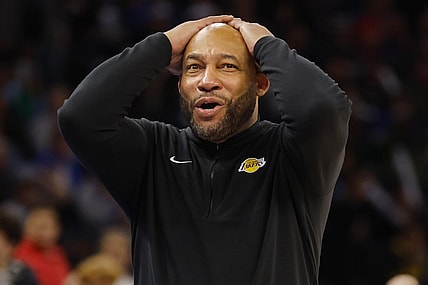 Dec 30, 2023; Minneapolis, Minnesota, USA; Los Angeles Lakers head coach Darvin Ham reacts to call by a referee for the Minnesota Timberwolves in the third quarter at Target Center. Mandatory Credit: Bruce Kluckhohn-USA TODAY Sports