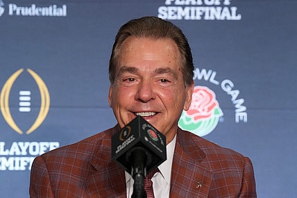 Dec 31, 2023; Los Angeles, CA, USA; Alabama Crimson Tide head coach Nick Saban at the Rose Bowl coaches press conference at the Sheraton Grand  Mandatory Credit: Kirby Lee-USA TODAY Sports