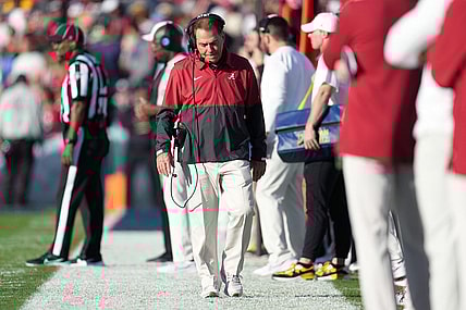 Jan 1, 2024; Pasadena, CA, USA; Alabama Crimson Tide head coach Nick Saban walks the sideline during the first half against the Michigan Wolverines in the 2024 Rose Bowl college football playoff semifinal game at Rose Bowl. Mandatory Credit: Kirby Lee-USA TODAY Sports