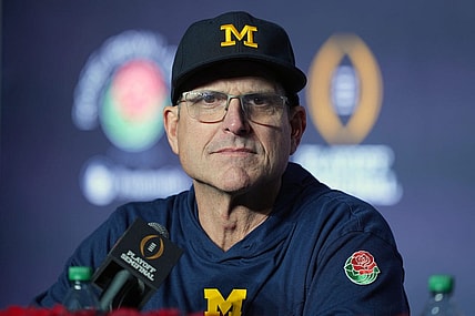 Jan 1, 2024; Pasadena, CA, USA; Michigan Wolverines head coach Jim Harbaugh speaks in a press conference after defeating the Alabama Crimson Tide in the 2024 Rose Bowl college football playoff semifinal game at Rose Bowl. Mandatory Credit: Kirby Lee-USA TODAY Sports