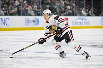 Dec 31, 2023; Dallas, Texas, USA; Chicago Blackhawks center Connor Bedard (98) in action during the game between the Dallas Stars and the Chicago Blackhawks at the American Airlines Center. Mandatory Credit: Jerome Miron-USA TODAY Sports