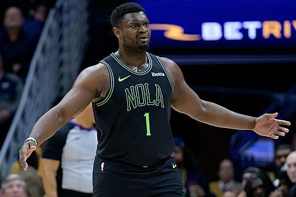 Jan 2, 2024; New Orleans, Louisiana, USA;  New Orleans Pelicans forward Zion Williamson (1) reacts after being called for a foul against the Brooklyn Nets during the first quarter at Smoothie King Center. Mandatory Credit: Matthew Hinton-USA TODAY Sports
