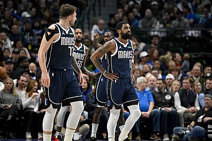 Jan 3, 2024; Dallas, Texas, USA; Dallas Mavericks guard Luka Doncic (77) and guard Kyrie Irving (11) walk back up the court during the first quarter against the Portland Trail Blazers at the American Airlines Center. Mandatory Credit: Jerome Miron-USA TODAY Sports