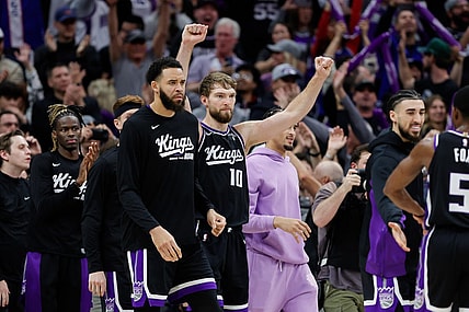 Jan 3, 2024; Sacramento, California, USA; Sacramento Kings forward Domantas Sabonis (10) celebrates after the game against the Orlando Magic at Golden 1 Center. Mandatory Credit: Sergio Estrada-USA TODAY Sports
