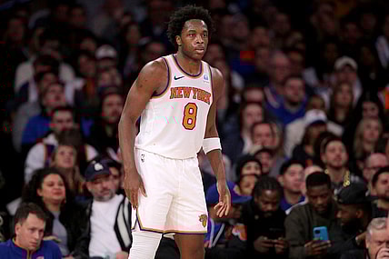 Jan 3, 2024; New York, New York, USA; New York Knicks forward OG Anunoby (8) during the fourth quarter against the Chicago Bulls at Madison Square Garden. Mandatory Credit: Brad Penner-USA TODAY Sports