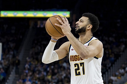 Jan 4, 2024; San Francisco, California, USA; Denver Nuggets guard Jamal Murray (27) shoots against the Golden State Warriors during the first half at Chase Center. Mandatory Credit: John Hefti-USA TODAY Sports