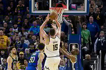 Jan 4, 2024; San Francisco, California, USA; Denver Nuggets center Nikola Jokic (15) hits a shot against the Golden State Warriors late in the second half at Chase Center. Mandatory Credit: John Hefti-USA TODAY Sports