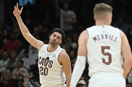 Jan 5, 2024; Cleveland, Ohio, USA; Cleveland Cavaliers forward Georges Niang (20) celebrates after hitting a three point basket during the second half against the Washington Wizards at Rocket Mortgage FieldHouse. Mandatory Credit: Ken Blaze-USA TODAY Sports