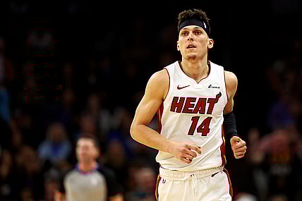 Jan 5, 2024; Phoenix, Arizona, USA; Miami Heat guard Tyler Herro (14) reacts after a play during the third quarter of the game against the Phoenix Suns at Footprint Center. Mandatory Credit: Mark J. Rebilas-USA TODAY Sports