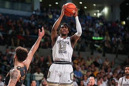 Jan 6, 2024; Atlanta, Georgia, USA; Georgia Tech Yellow Jackets guard Miles Kelly (13) shoots against the Boston College Eagles in the second half at McCamish Pavilion. Mandatory Credit: Brett Davis-USA TODAY Sports