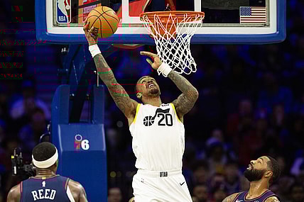 Jan 6, 2024; Philadelphia, Pennsylvania, USA; Utah Jazz forward John Collins (20) scores against the Philadelphia 76ers during the second quarter at Wells Fargo Center. Mandatory Credit: Bill Streicher-USA TODAY Sports