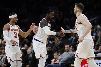 Jan 6, 2024; Washington, District of Columbia, USA; New York Knicks forward Julius Randle (30) celebrates on the court with Knicks center Isaiah Hartenstein (55) and Knicks guard Josh Hart (3) against the Washington Wizards in the fourth quarter at Capital One Arena. Mandatory Credit: Geoff Burke-USA TODAY Sports