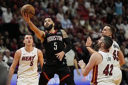 Jan 8, 2024; Miami, Florida, USA;  Houston Rockets guard Fred VanVleet (5) goes up for a shot against the Miami Heat during the second half at Kaseya Center. Mandatory Credit: Jim Rassol-USA TODAY Sports