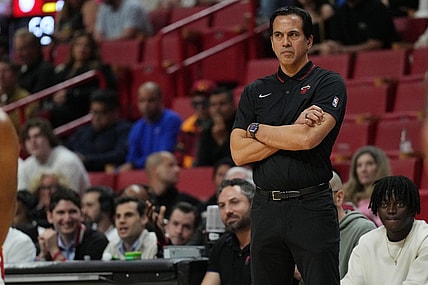 Jan 8, 2024; Miami, Florida, USA;  Miami Heat head coach Erik Spoelstra looks on during the game against the Houston Rockets during the first half at Kaseya Center. Mandatory Credit: Jim Rassol-USA TODAY Sports