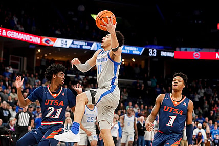 Memphis' Jahvon Quinerly (11) goes for a layup during the game between the University of Texas at San Antonio and the University of Memphis at FedExForum in Memphis, Tenn., on Wednesday, January 10, 2024.