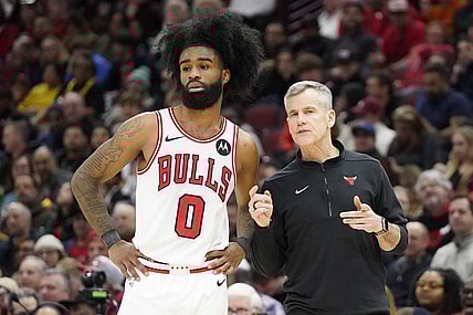 Jan 10, 2024; Chicago, Illinois, USA; Chicago Bulls guard Coby White (0) talks with head coach Billy Donovan during the second half at United Center. Mandatory Credit: David Banks-USA TODAY Sports