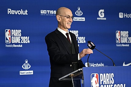 Jan 11, 2024; Paris, FRANCE; NBA commissioner Adam Silver speaks before a NBA Game between the Brooklyn Nets and the Cleveland Cavaliers at AccorHotels Arena. Mandatory Credit:  Alexis Reau/Presse Sports via USA TODAY Sports