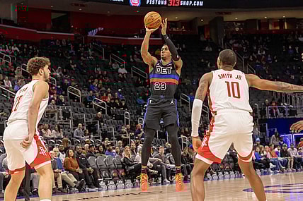 Jan 12, 2024; Detroit, Michigan, USA; Detroit Pistons guard Jaden Ivey (23) shoots the ball against the Houston Rockets during the first half at Little Caesars Arena. Mandatory Credit: David Reginek-USA TODAY Sports