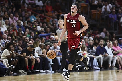 Jan 12, 2024; Miami, Florida, USA; Miami Heat guard Jaime Jaquez Jr. (11) dribbles the basketball against the Orlando Magic during the second quarter at Kaseya Center. Mandatory Credit: Sam Navarro-USA TODAY Sports