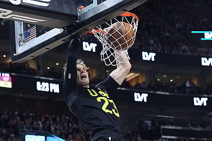 Jan 12, 2024; Salt Lake City, Utah, USA; Utah Jazz forward Lauri Markkanen (23) dunks the ball against the Toronto Raptors during the second quarter at Delta Center. Mandatory Credit: Rob Gray-USA TODAY Sports