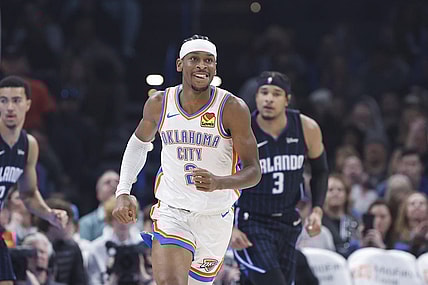 Jan 13, 2024; Oklahoma City, Oklahoma, USA; Oklahoma City Thunder guard Shai Gilgeous-Alexander (2) smiles after scoring against the Orlando Magic during the first quarter at Paycom Center. Mandatory Credit: Alonzo Adams-USA TODAY Sports