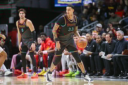 Jan 13, 2024; Atlanta, Georgia, USA; Washington Wizards forward Kyle Kuzma (33) dribbles against the Atlanta Hawks in the second quarter at State Farm Arena. Mandatory Credit: Brett Davis-USA TODAY Sports