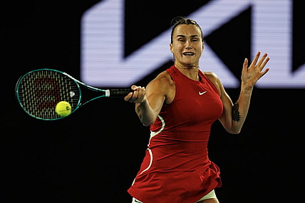 Jan 14, 2024; Melbourne, Victoria, Australia;  Aryna Sabalenka of Russia hits a shot at the Australian Open. Mandatory Credit: Mike Frey-USA TODAY Sports