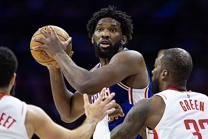 Jan 15, 2024; Philadelphia, Pennsylvania, USA; Philadelphia 76ers center Joel Embiid (21) controls the ball against Houston Rockets forward Jeff Green (32) during the second quarter at Wells Fargo Center. Mandatory Credit: Bill Streicher-USA TODAY Sports
