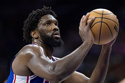 Jan 15, 2024; Philadelphia, Pennsylvania, USA; Philadelphia 76ers center Joel Embiid (21) shoots a foul shot against the Houston Rockets during the second quarter at Wells Fargo Center. Mandatory Credit: Bill Streicher-USA TODAY Sports
