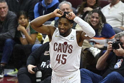 Jan 15, 2024; Cleveland, Ohio, USA; Cleveland Cavaliers guard Donovan Mitchell (45) reacts in the fourth quarter against the Chicago Bulls at Rocket Mortgage FieldHouse. Mandatory Credit: David Richard-USA TODAY Sports
