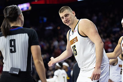 Jan 16, 2024; Philadelphia, Pennsylvania, USA; Denver Nuggets center Nikola Jokic (15) questions an officials call during the fourth quarter against the Philadelphia 76ers at Wells Fargo Center. Mandatory Credit: Bill Streicher-USA TODAY Sports