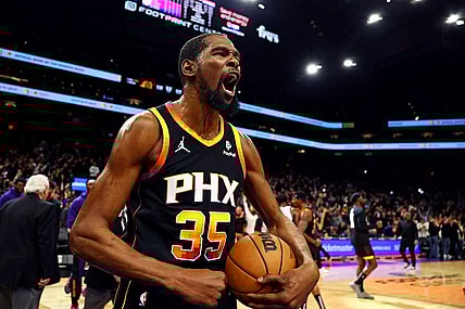 Jan 16, 2024; Phoenix, Arizona, USA; Phoenix Suns forward Kevin Durant (35) celebrates after beating the Sacramento Kings 119-117 at Footprint Center. Mandatory Credit: Mark J. Rebilas-USA TODAY Sports