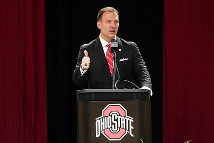 Jan 17, 2024; Columbus, OH, USA; Ross Bjork speaks during an introductory press conference for Ohio State University   s new athletic director at the Covelli Center.