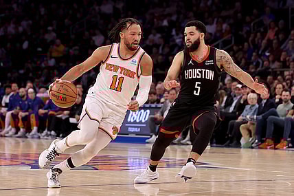 Jan 17, 2024; New York, New York, USA; New York Knicks guard Jalen Brunson (11) drives to the basket against Houston Rockets guard Fred VanVleet (5) during the second quarter at Madison Square Garden. Mandatory Credit: Brad Penner-USA TODAY Sports