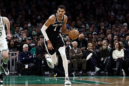 Jan 17, 2024; Boston, Massachusetts, USA; San Antonio Spurs center Victor Wembanyama (1) brings the ball up the court against the Boston Celtics during the second half at TD Garden. Mandatory Credit: Winslow Townson-USA TODAY Sports