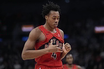 Jan 17, 2024; Toronto, Ontario, CAN; Toronto Raptors forward Scottie Barnes (4) during a break in the action against the Miami Heat during the first half at Scotiabank Arena. Mandatory Credit: John E. Sokolowski-USA TODAY Sports