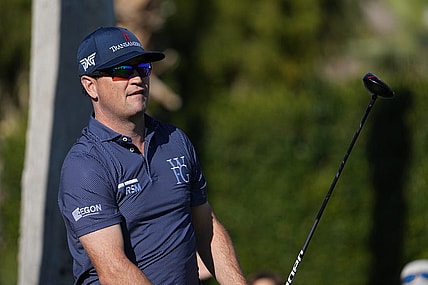 Jan 18, 2024; La Quinta, California, USA; Zach Johnson hits his tee shot on the first hole during the first round of the The American Express golf tournament at La Quinta Country Club. Mandatory Credit: Ray Acevedo-USA TODAY Sports
