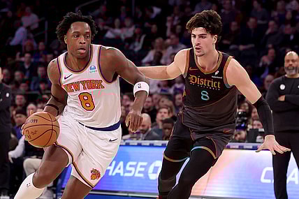 Jan 18, 2024; New York, New York, USA; New York Knicks forward OG Anunoby (8) drives to the basket against Washington Wizards forward Deni Avdija (8) during the second quarter at Madison Square Garden. Mandatory Credit: Brad Penner-USA TODAY Sports