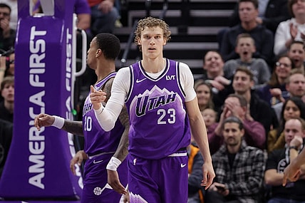 Jan 18, 2024; Salt Lake City, Utah, USA;  Utah Jazz forward Lauri Markkanen (23) reacts after scoring a basket during the second quarter against the Oklahoma City Thunder at Delta Center. Mandatory Credit: Chris Nicoll-USA TODAY Sports