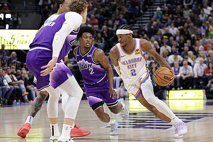 Jan 18, 2024; Salt Lake City, Utah, USA;  Utah Jazz guard Collin Sexton (2) runs past Utah Jazz guard Collin Sexton (2) during the second quarter at Delta Center. Mandatory Credit: Chris Nicoll-USA TODAY Sports