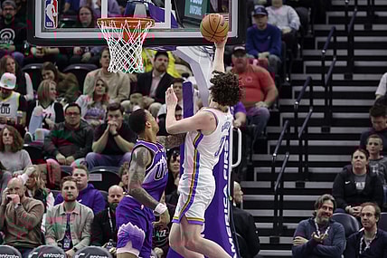 Jan 18, 2024; Salt Lake City, Utah, USA;  Oklahoma City Thunder guard Josh Giddey (3) is fouled by Utah Jazz forward John Collins (20) while shooting the ball during the second half at Delta Center. Mandatory Credit: Chris Nicoll-USA TODAY Sports