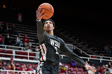 Jan 18, 2024; Stanford, California, USA; Washington State Cougars guard Myles Rice (2) shoots the ball against the Stanford Cardinal  during the first half at Maples Pavilion. Mandatory Credit: Robert Edwards-USA TODAY Sports