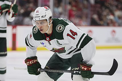 Jan 19, 2024; Sunrise, Florida, USA; Minnesota Wild center Joel Eriksson Ek (14) looks on against the Florida Panthers during the first period at Amerant Bank Arena. Mandatory Credit: Sam Navarro-USA TODAY Sports