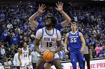 Jan 20, 2024; Newark, New Jersey, USA; Seton Hall Pirates center Jaden Bediako (15) looks to shoot as Creighton Bluejays center Ryan Kalkbrenner (11) defends during the second half at Prudential Center. Mandatory Credit: Vincent Carchietta-USA TODAY Sports