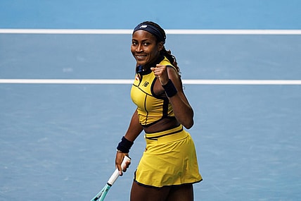 Jan 21, 2024; Melbourne, Victoria, Australia;   Coco Gauff of the United States celebrates her victory over Magdalena Frech of Poland in the fourth round of the women s singles at the Australian Open 2024. Mandatory Credit: Mike Frey-USA TODAY Sports