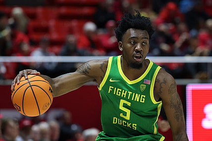 Jan 21, 2024; Salt Lake City, Utah, USA; Oregon Ducks guard Jermaine Couisnard (5) dribbles the ball against the Utah Utes during the first half at Jon M. Huntsman Center. Mandatory Credit: Rob Gray-USA TODAY Sports