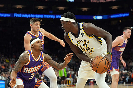 Jan 21, 2024; Phoenix, Arizona, USA; Phoenix Suns guard Bradley Beal (3) guards Indiana Pacers forward Pascal Siakam (43) during the second half at Footprint Center. Mandatory Credit: Joe Camporeale-USA TODAY Sports